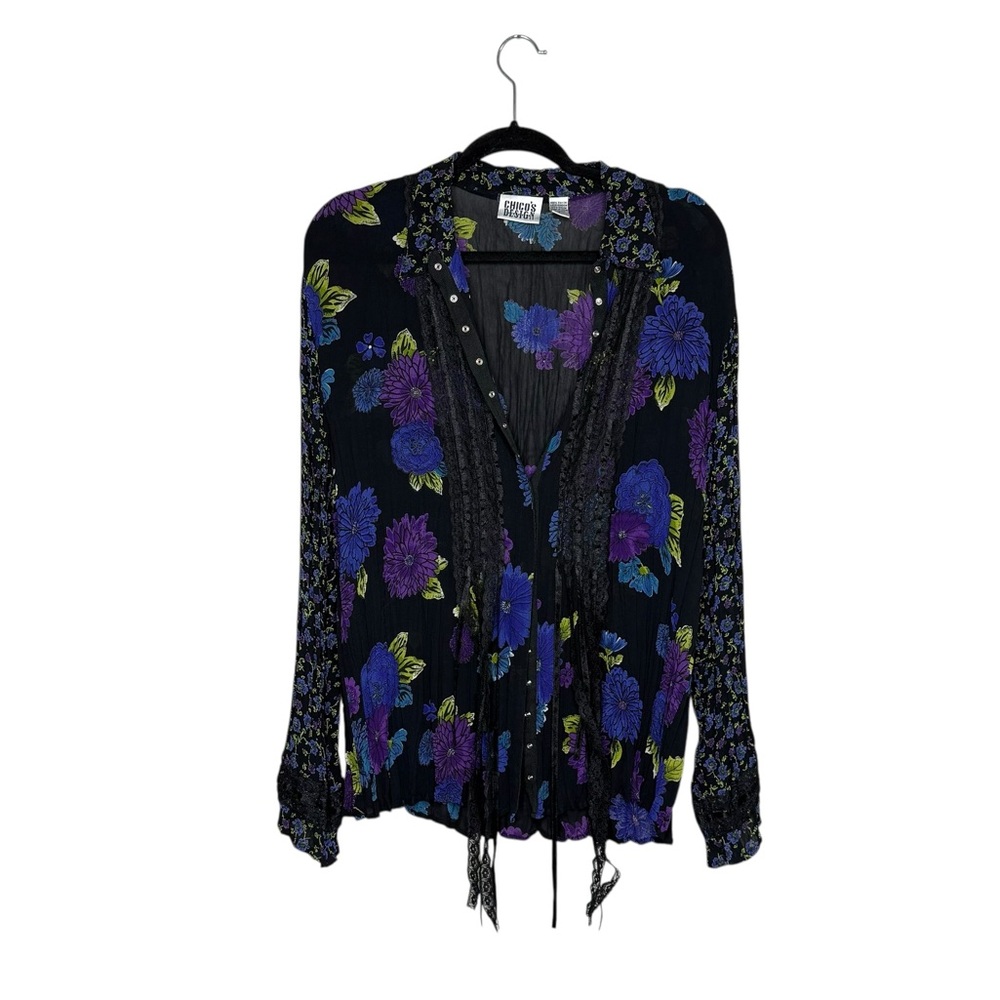 Vintage Chico’s Design Dark Floral Plisse Button Up Lace Edwardian Blouse 90’s